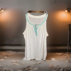 Style & Co Woman 2X White Sleeveless Peasant Top Aqua Embroidered Tassel